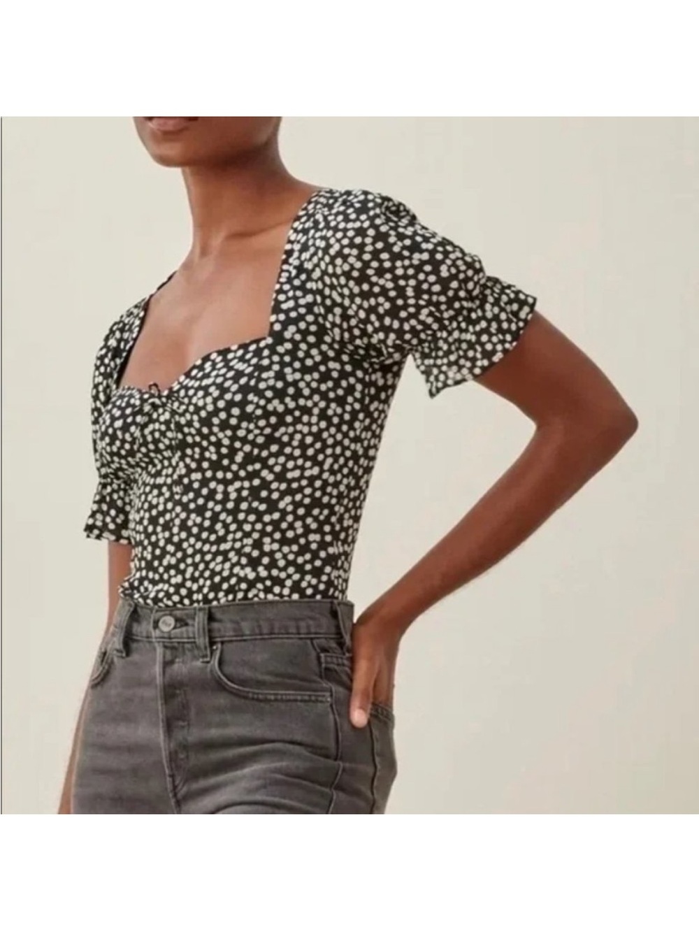 ReformationBlack and White Dot Sweetheart Neck Puff Sleeve Top